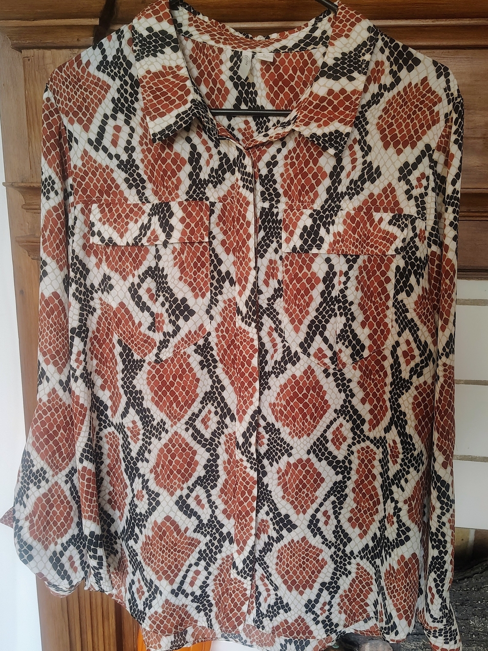 Womens Snake-Print Button-Down Shirt in Rust, Black & White